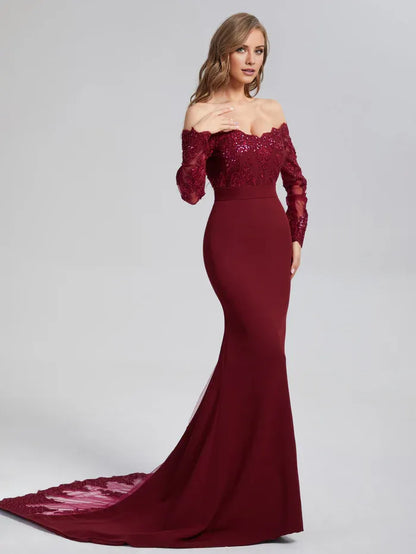 Stylish Refined Beautiful Elegant Burgundy Lace Mermaid Long Sleeve Long Prom Dress
