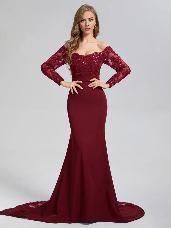 Stylish Refined Beautiful Elegant Burgundy Lace Mermaid Long Sleeve Long Prom Dress
