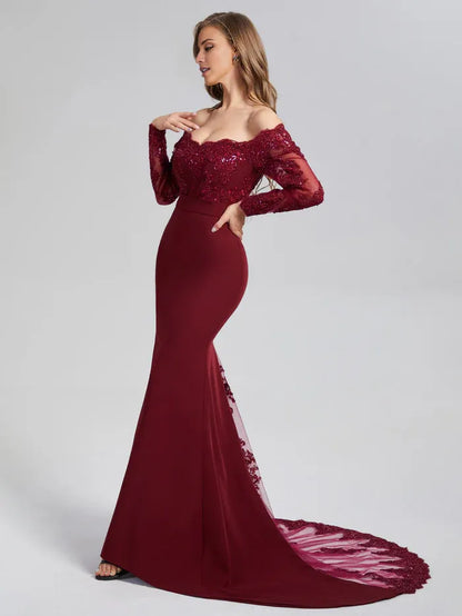Stylish Refined Beautiful Elegant Burgundy Lace Mermaid Long Sleeve Long Prom Dress