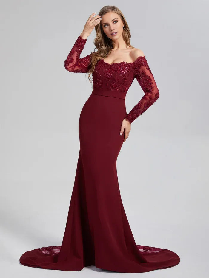 Stylish Refined Beautiful Elegant Burgundy Lace Mermaid Long Sleeve Long Prom Dress