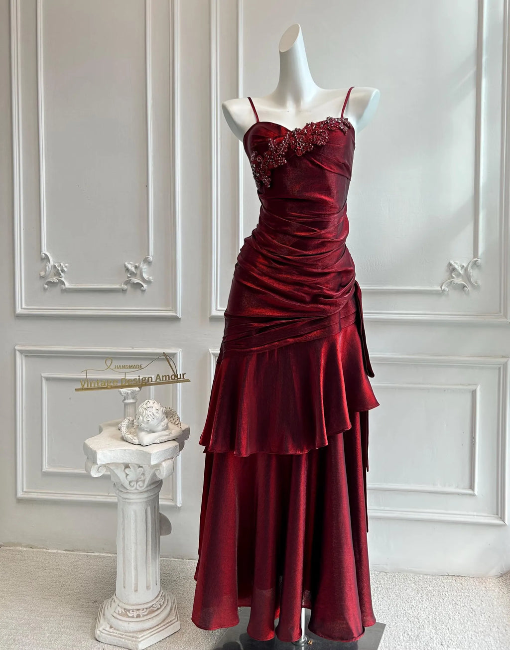 Red Vintage Mermaid Spaghetti-Strap Ruched Beaded Tie Red Floor-Length Evening Dress