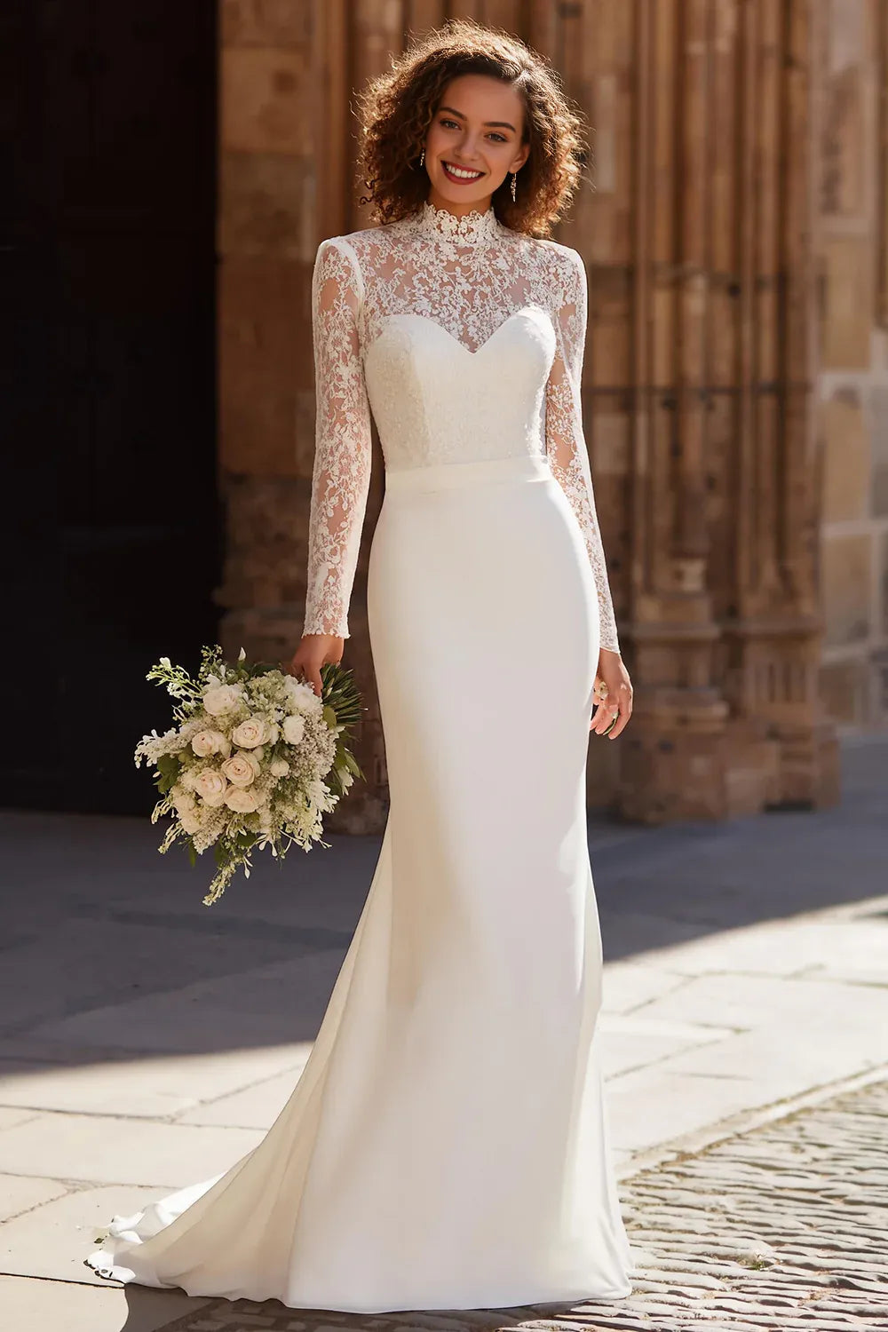 Refined Beautiful Elegant Lace Mermaid High Neck Long Sleeve Long Wedding Dress