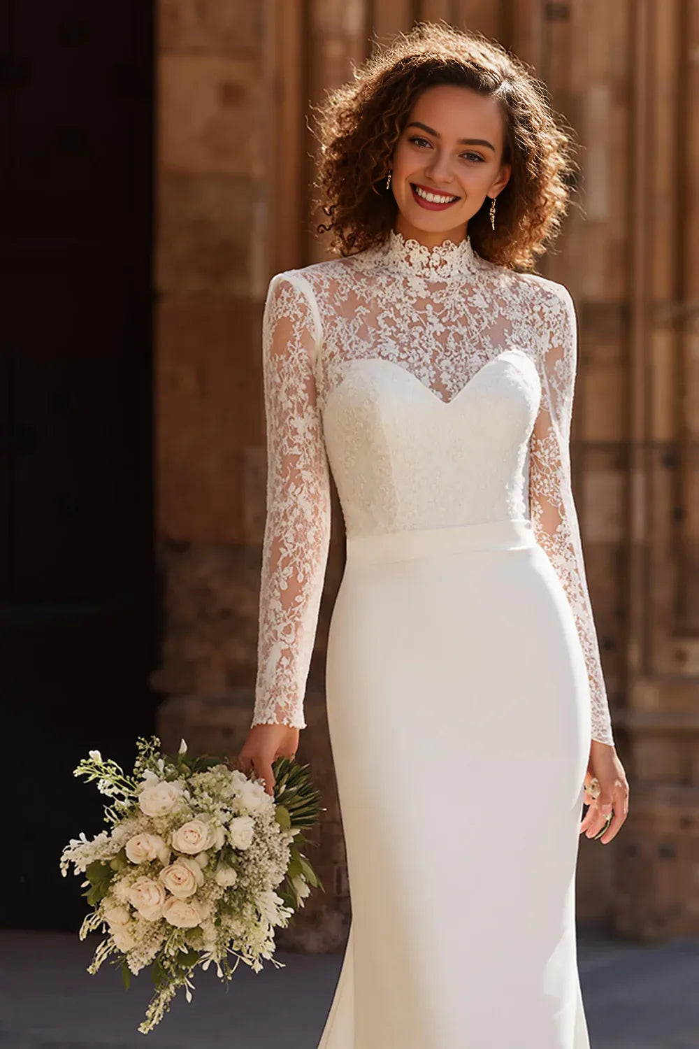 Refined Beautiful Elegant Lace Mermaid High Neck Long Sleeve Long Wedding Dress