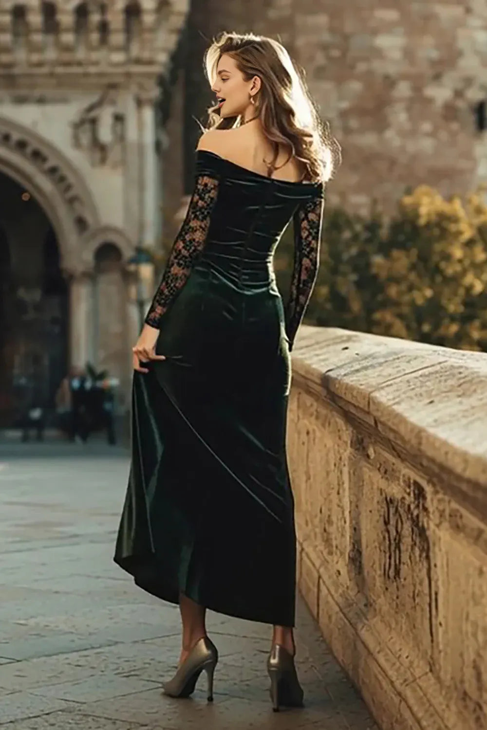 Stylish Refined Elegant Emerald Green Velvet Mermaid Long Sleeve Long Prom Dress