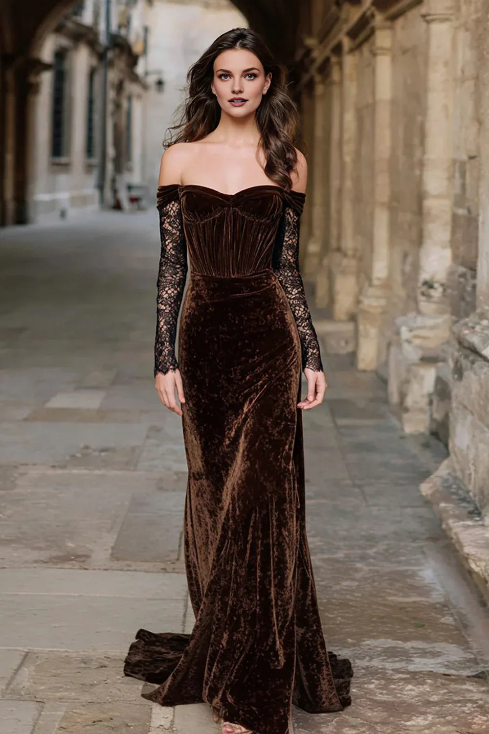 Timeless Special Occasion Sophisticated Elegant Velvet Mermaid Long Sleeve Long Prom Dress