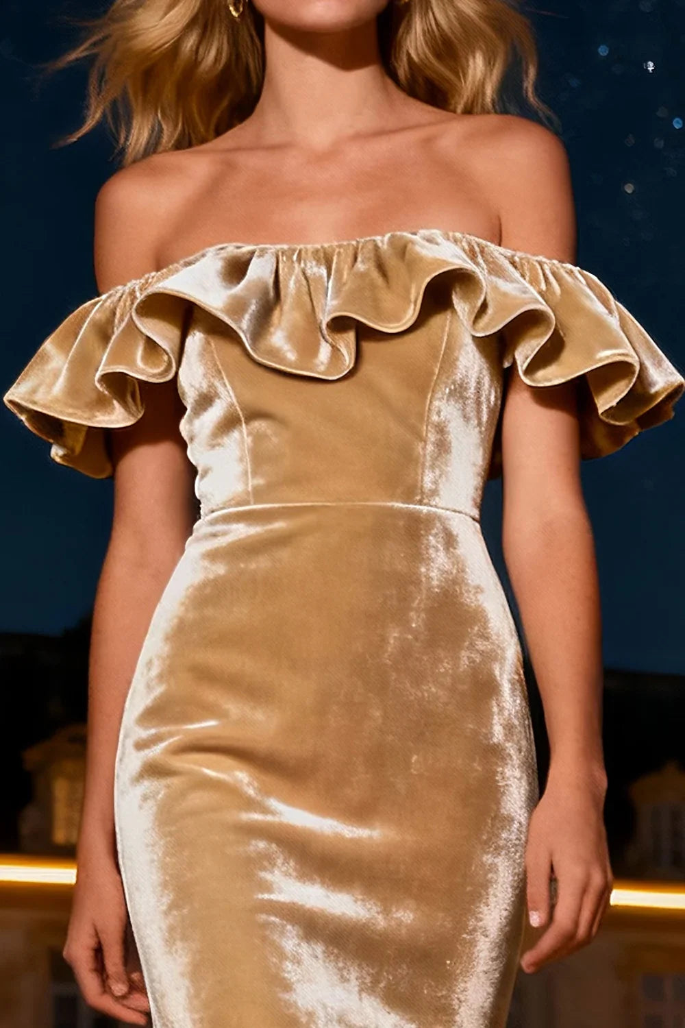 Special Occasion Sophisticated Graceful Stylish Refined Elegant Champagne Velvet Mermaid Sleeveless Prom Dress