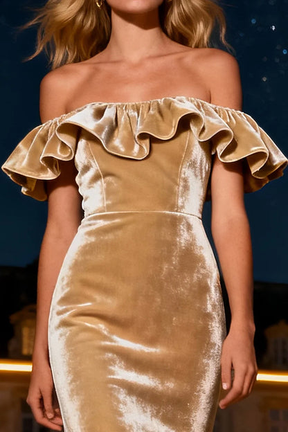 Special Occasion Sophisticated Graceful Stylish Refined Elegant Champagne Velvet Mermaid Sleeveless Prom Dress