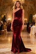 Refined Beautiful Timeless Special Occasion Elegant Burgundy Velvet Mermaid Sleeveless Prom Dress