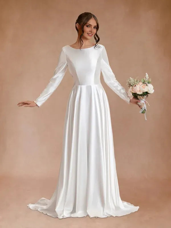 Vintage A-Line Bateau Neckline Long Sleeves Bridal Gown Sweep-Train Wedding Dresses