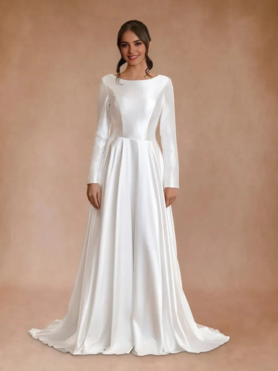 Vintage A-Line Bateau Neckline Long Sleeves Bridal Gown Sweep-Train Wedding Dresses