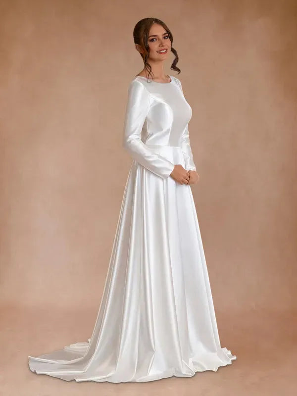 Vintage A-Line Bateau Neckline Long Sleeves Bridal Gown Sweep-Train Wedding Dresses