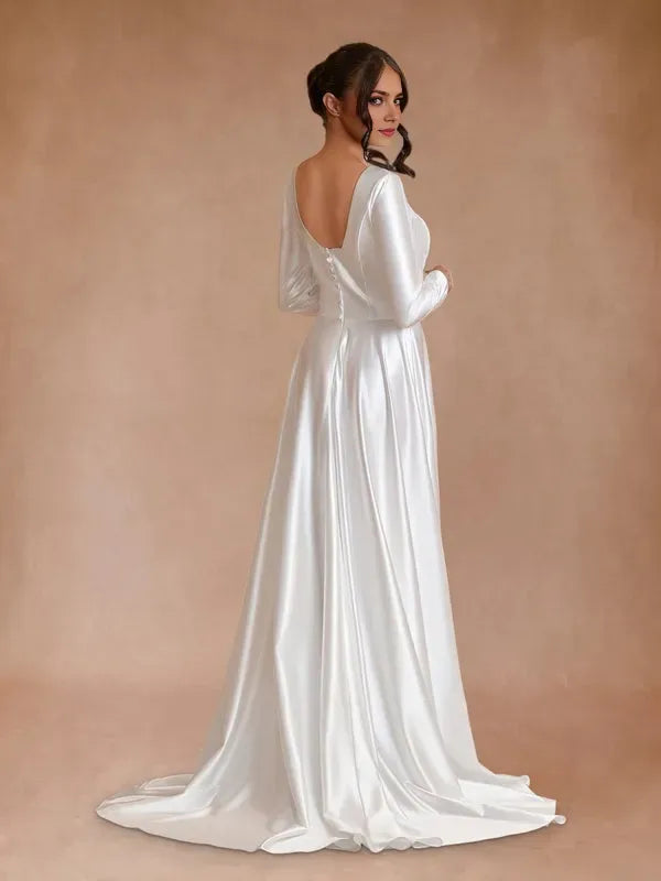 Vintage A-Line Bateau Neckline Long Sleeves Bridal Gown Sweep-Train Wedding Dresses