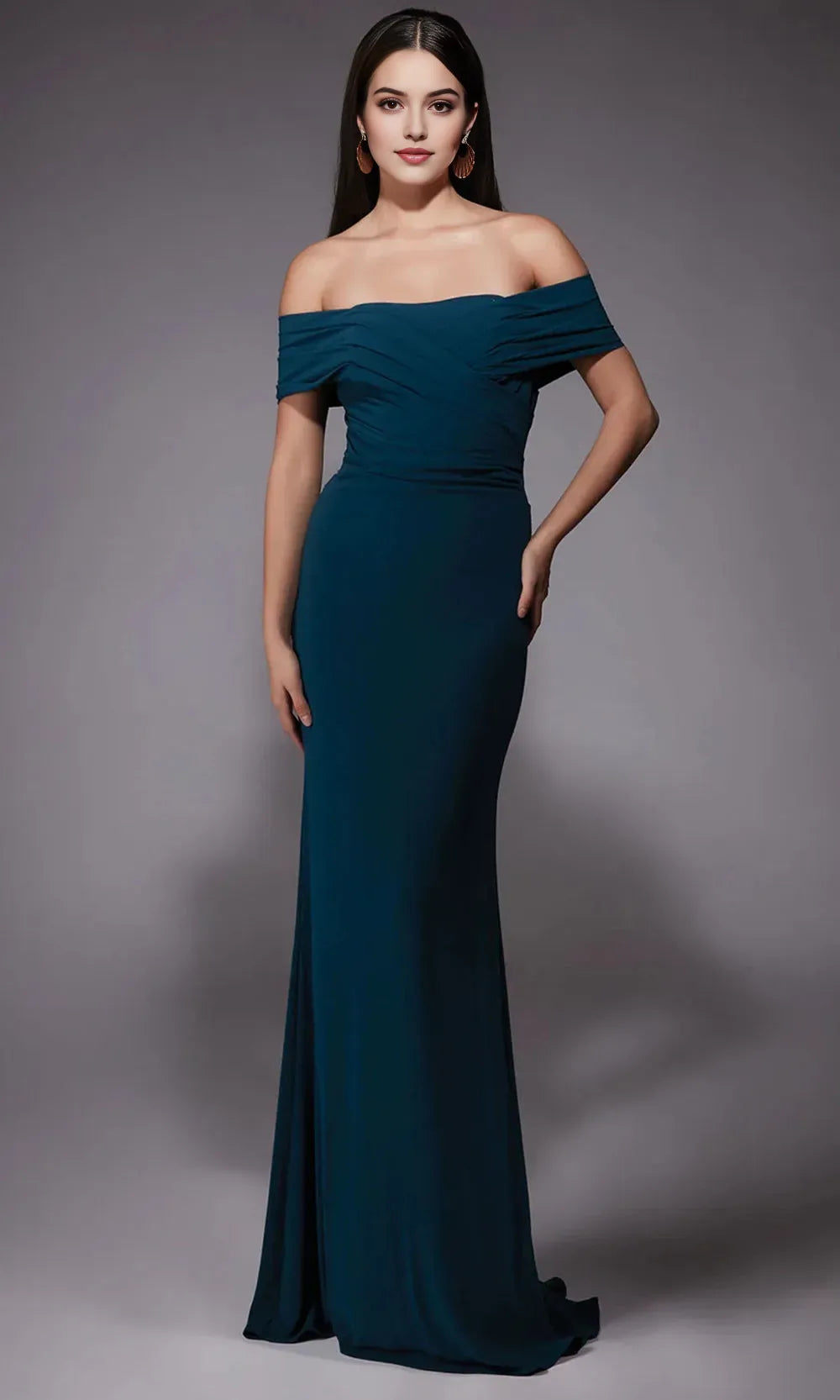 Navy Vintage nspired Off Shoulder Evening Dress with Draped Bodice Modern Mermaid Fit