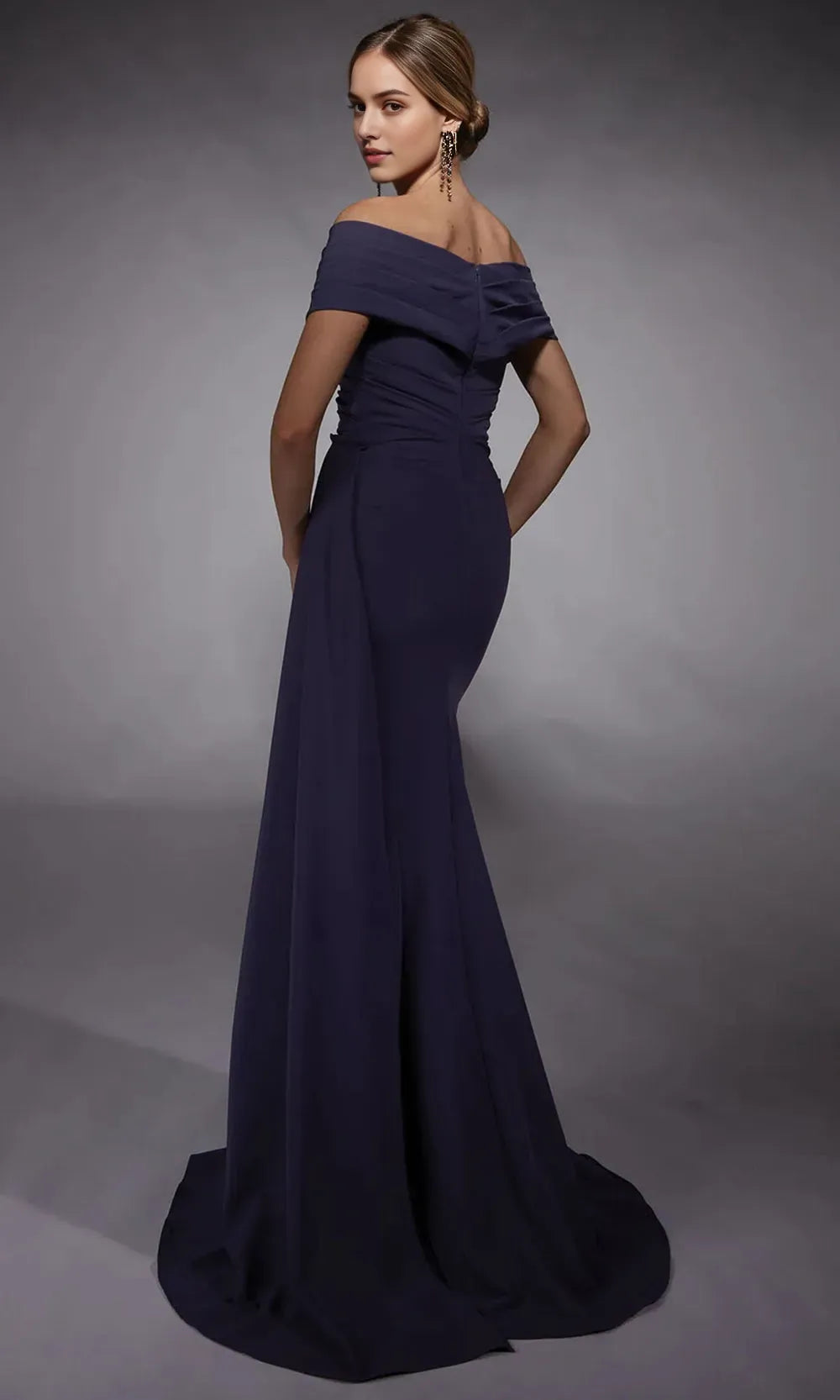 Navy Vintage nspired Off Shoulder Evening Dress with Draped Bodice Modern Mermaid Fit