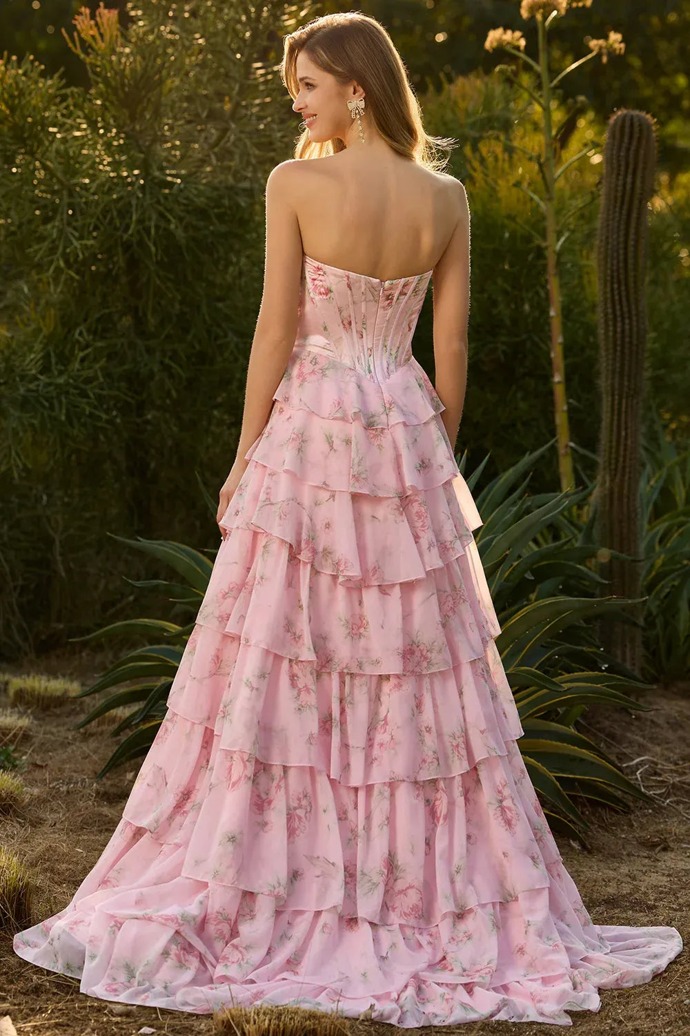 Vivid A-Line Strapless Floral Beaded Corset Tiered Ruffle Blush Prom Dress With Slit