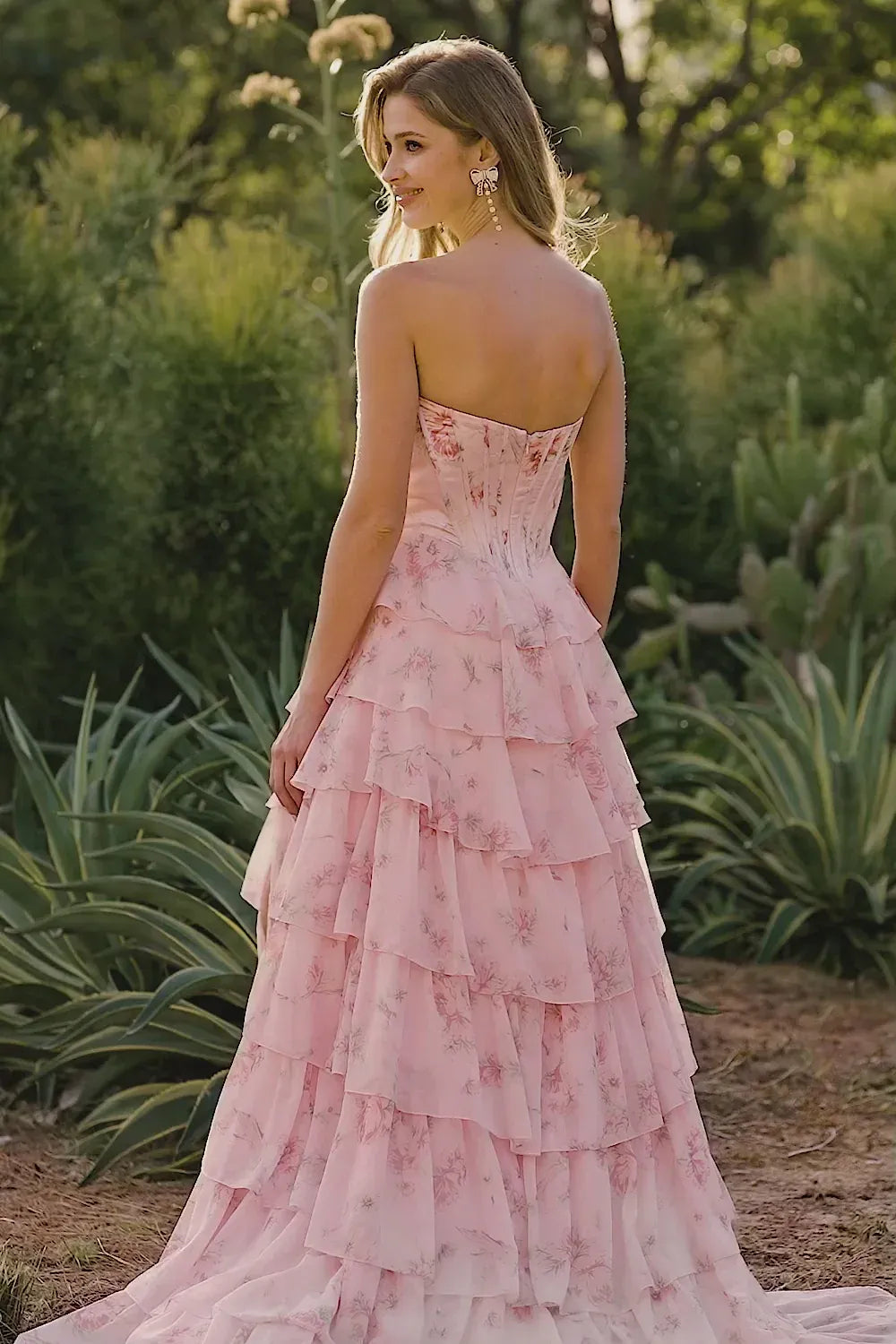 Vivid A-Line Strapless Floral Beaded Corset Tiered Ruffle Blush Prom Dress With Slit