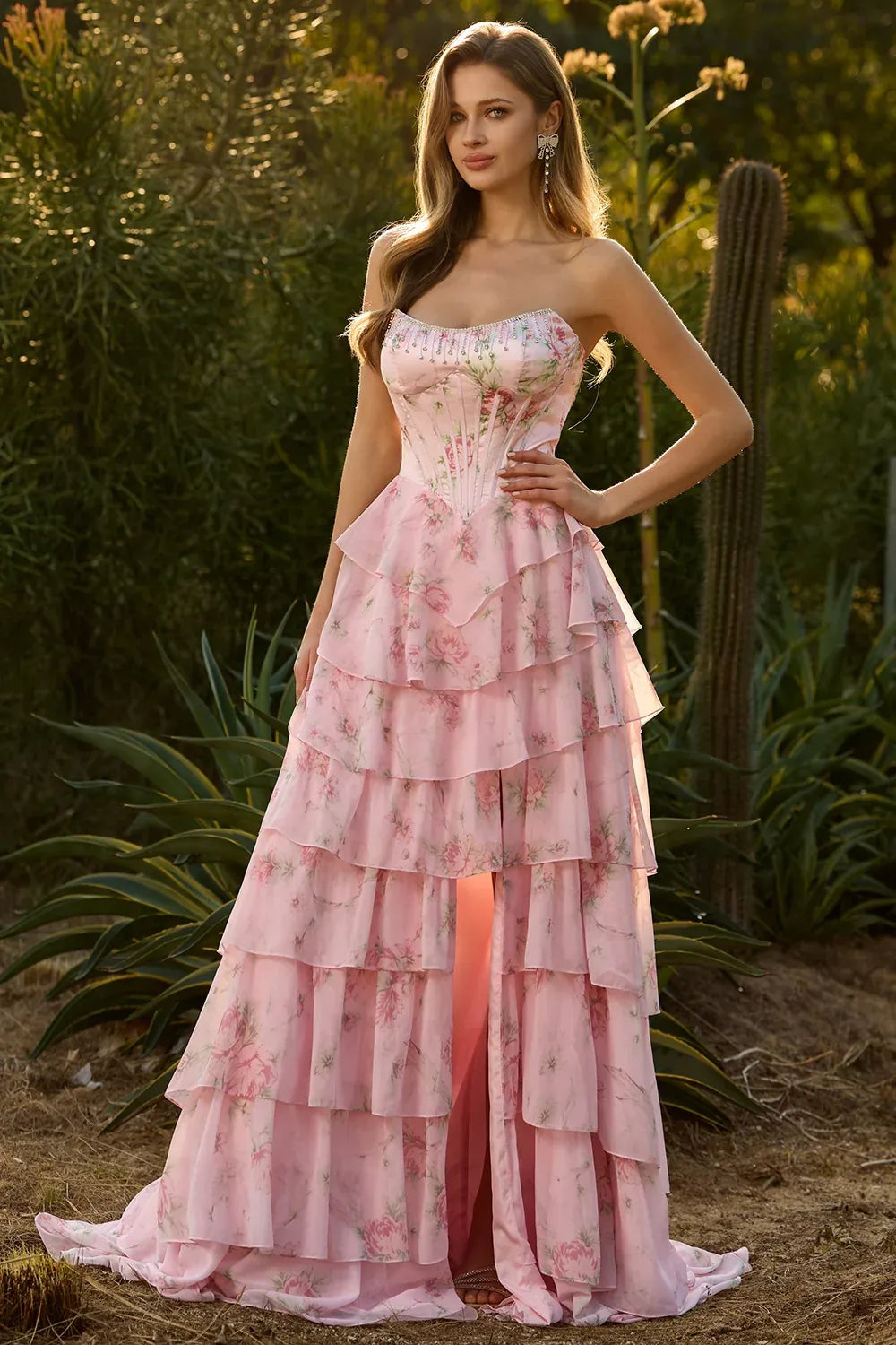 Vivid A-Line Strapless Floral Beaded Corset Tiered Ruffle Blush Prom Dress With Slit