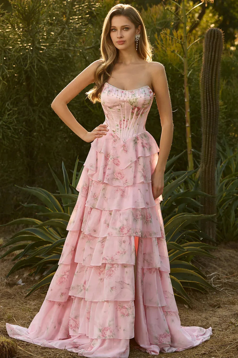 Vivid A-Line Strapless Floral Beaded Corset Tiered Ruffle Blush Prom Dress With Slit