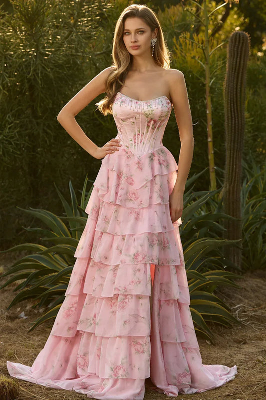 Romantic Red Ruffled A-Line Strapless Classic-Sleeve Lace-Up-Back Floor-Length Prom Dress