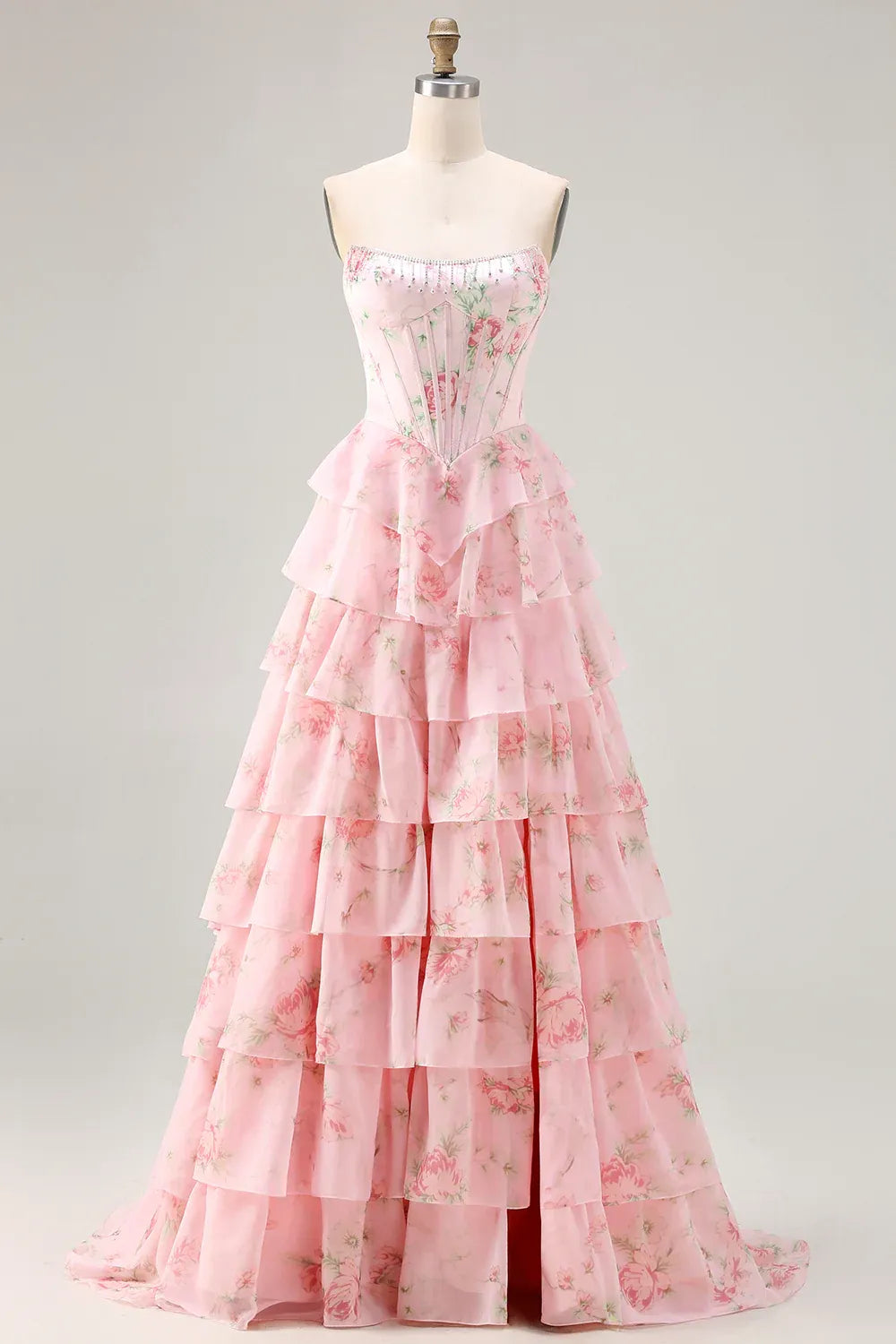 Vivid A-Line Strapless Floral Beaded Corset Tiered Ruffle Blush Prom Dress With Slit