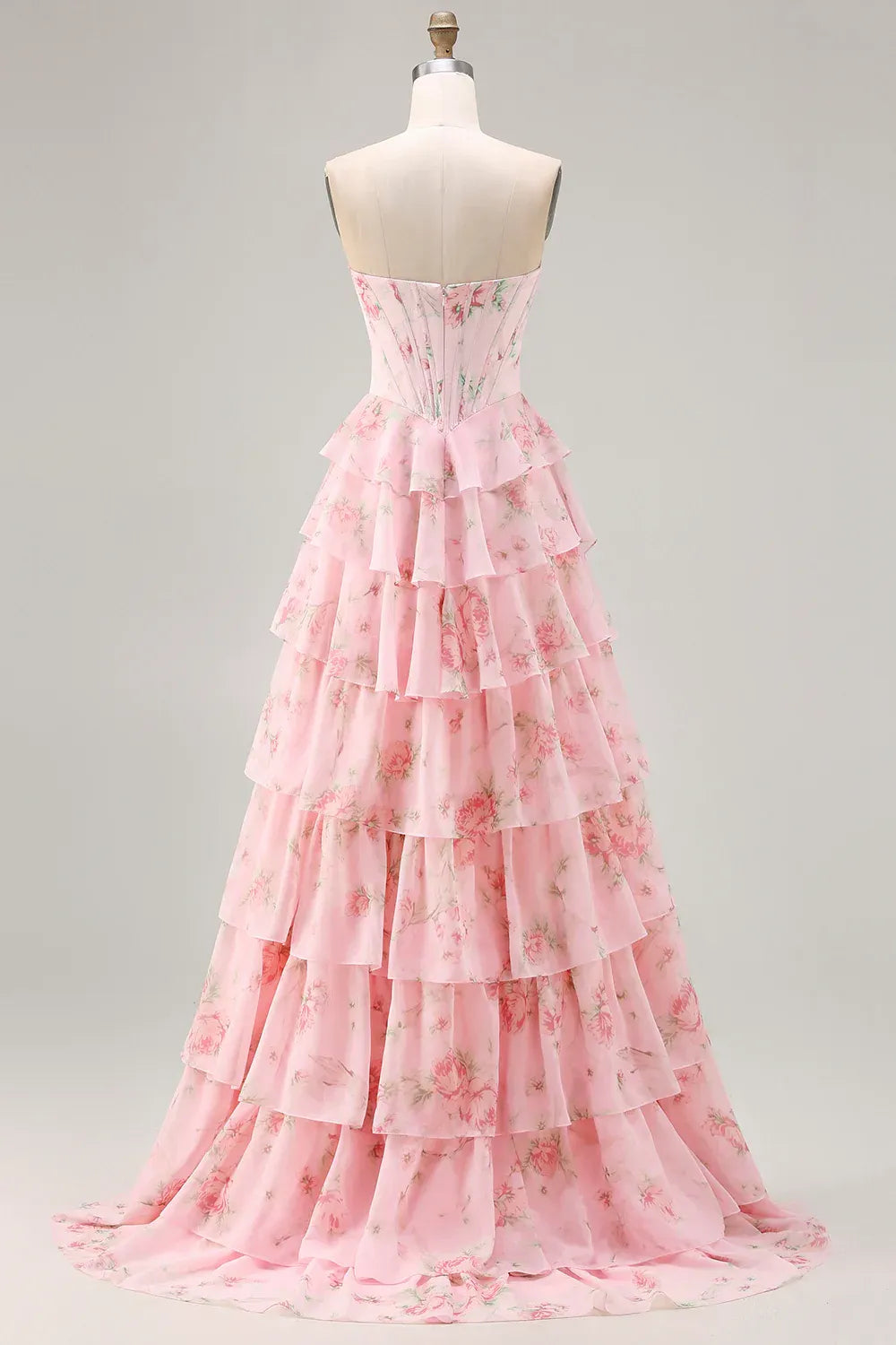 Vivid A-Line Strapless Floral Beaded Corset Tiered Ruffle Blush Prom Dress With Slit