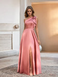 Watermelon Coloured Prom Dresses Elegant One Shoulder Bowknot A Line Prom Dresses With Slit