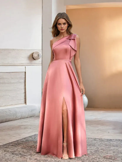 Elegant Red Slit A-Line One-Shoulder Classic-Sleeve Classic-Back Floor-Length Prom Dress