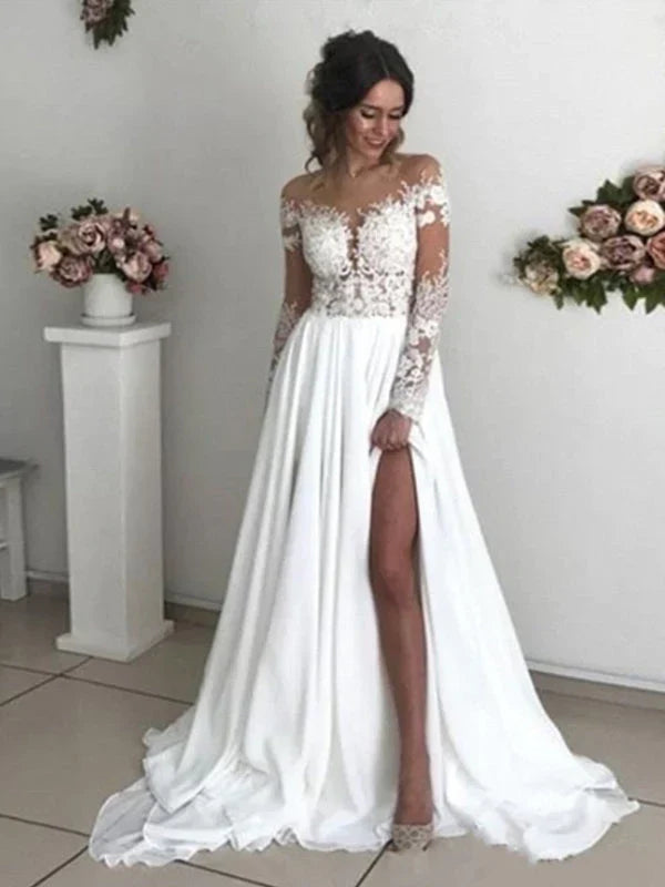 Boho Long Sleeve Slit Wedding Dresses With Bodice