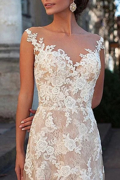Wedding Dress Column Chic V-Neck Sleeveless Long Sexy Backless Bridal Gown With Train