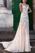 Wedding Dress Column Chic V-Neck Sleeveless Long Sexy Backless Bridal Gown With Train