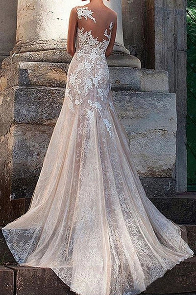 Wedding Dress Column Chic V-Neck Sleeveless Long Sexy Backless Bridal Gown With Train