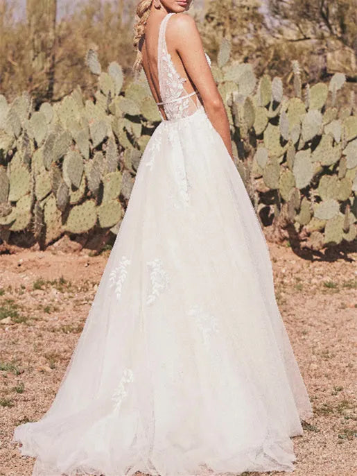 Wedding Dress Deep V - Neck Appliqués Skirt Boho Charm