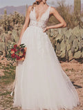Wedding Dress Deep V - Neck Appliqués Skirt Boho Charm
