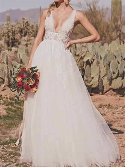 Elegant Red Applique A-Line V-Neck Classic-Sleeve Classic-Back Floor-Length Wedding Dress
