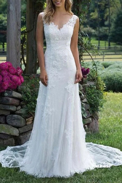 Wedding Dress Chic V-Neck Sleeveless Column Long Bridal Gown
