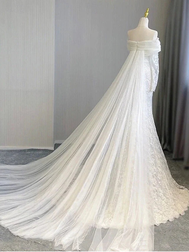Wedding Dresses A-Line Notch lapel collar Long Sleeve Court Train Bridal Gowns With Solid Color