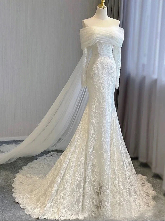 Wedding Dresses A-Line Notch lapel collar Long Sleeve Court Train Bridal Gowns With Solid Color