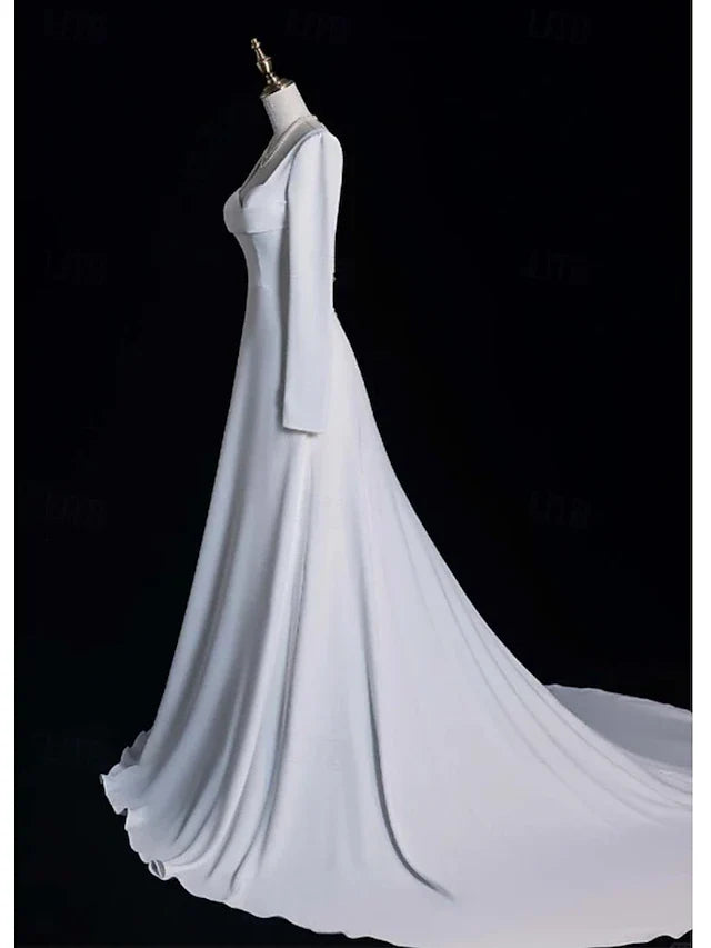 Wedding Dresses A-Line Notch lapel collar Long Sleeve Court Train Bridal Gowns With Solid Color