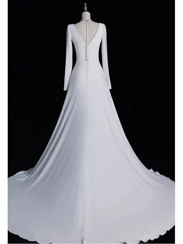 Wedding Dresses A-Line Notch lapel collar Long Sleeve Court Train Bridal Gowns With Solid Color