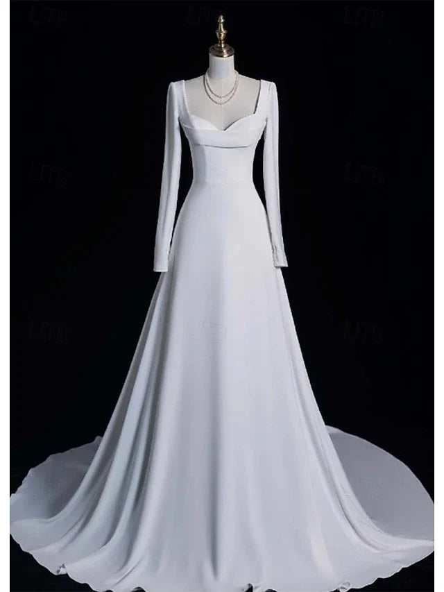 Wedding Dresses A-Line Notch lapel collar Long Sleeve Court Train Bridal Gowns With Solid Color
