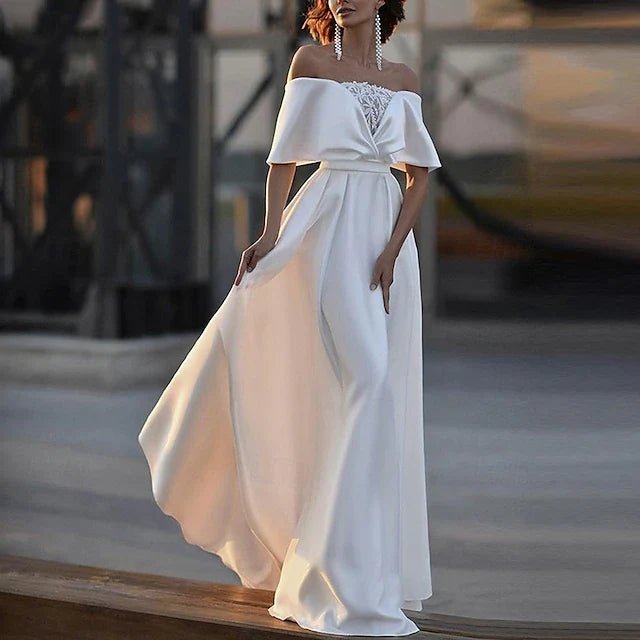 Wedding Dresses A-Line Off Shoulder Half Sleeve Sweep / Brush Train Bridal Gowns With Beading