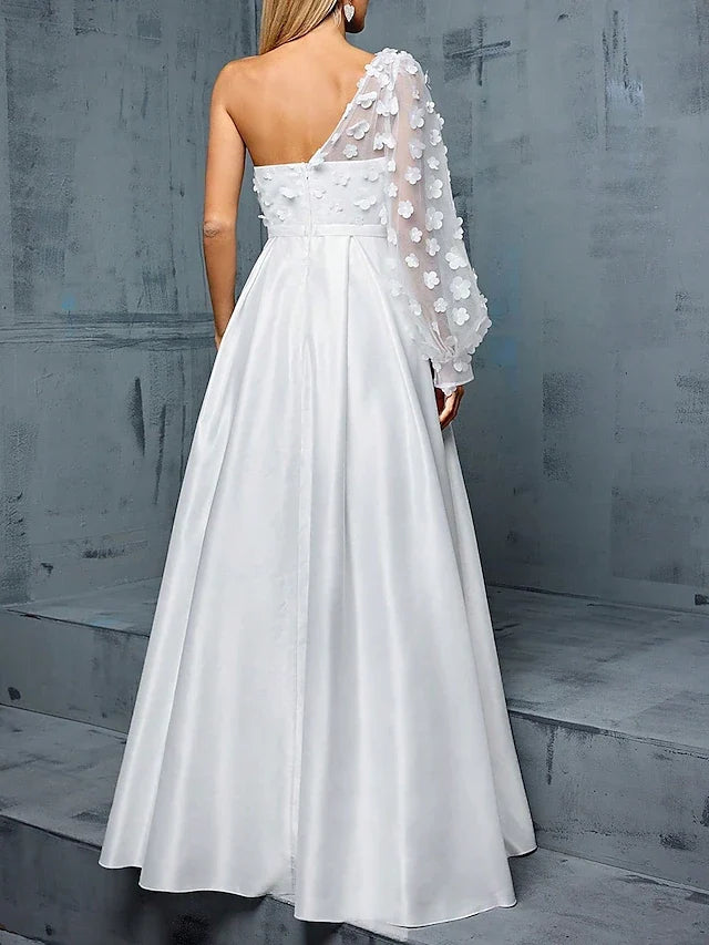 Wedding Dresses A-Line One Shoulder Sleeveless Floor Length Taffeta Bridal Gowns With Pleats Solid Color