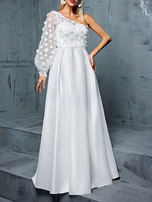 Wedding Dresses A-Line One Shoulder Sleeveless Floor Length Taffeta Bridal Gowns With Pleats Solid Color