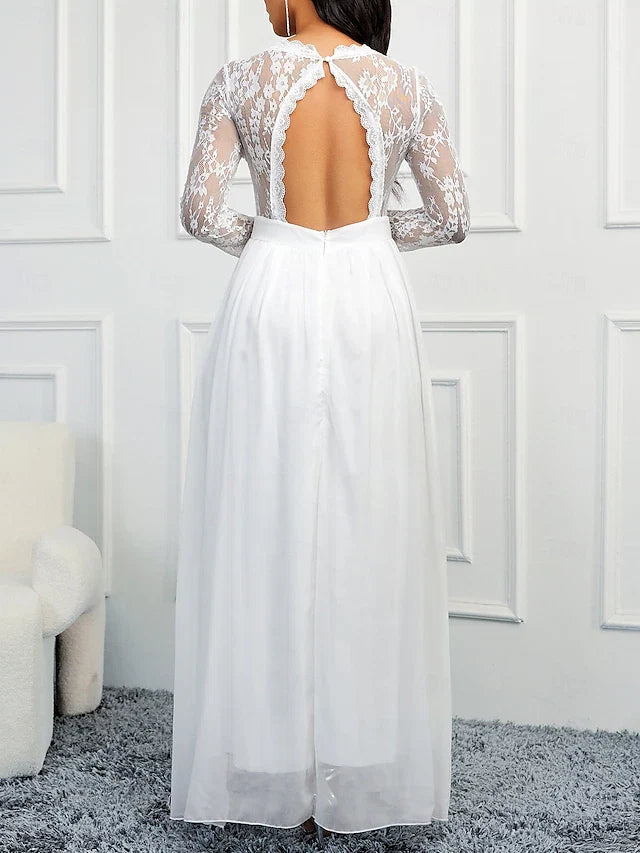 Wedding Dresses A-Line V Neck Long Sleeve Floor Length Bridal Gowns With Appliques