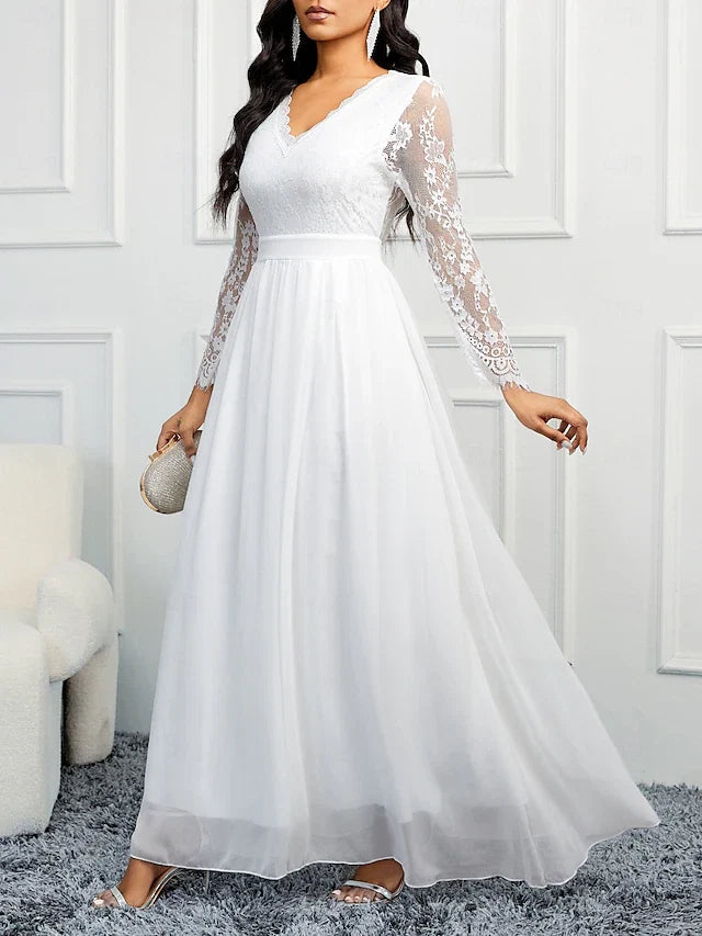 Wedding Dresses A-Line V Neck Long Sleeve Floor Length Bridal Gowns With Appliques