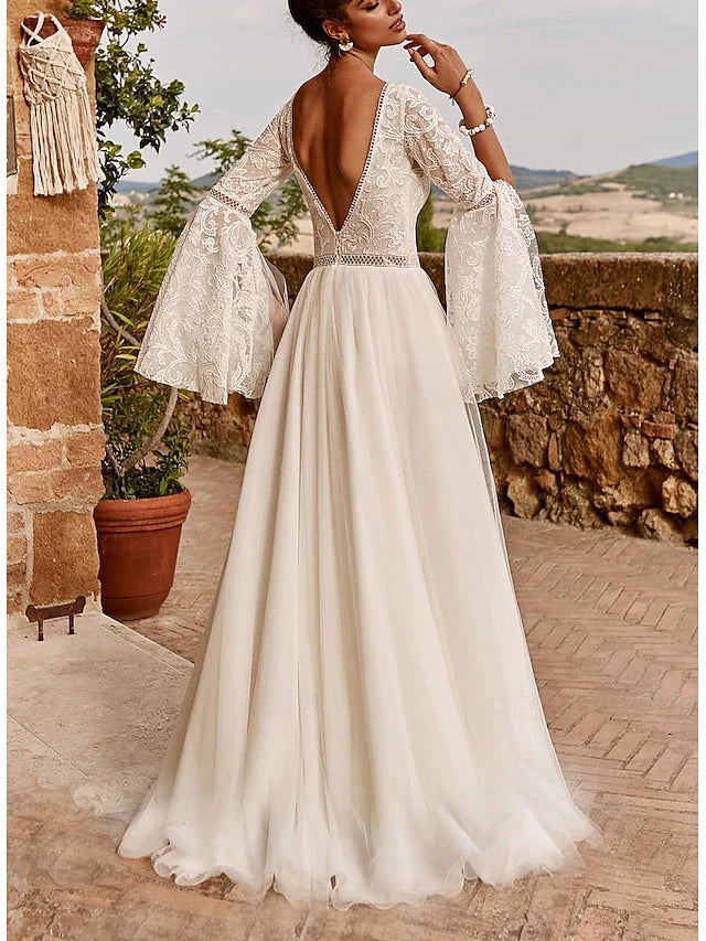 Wedding Dresses A-Line V Neck Long Sleeve Sweep / Brush Train Bridal Gowns With Draping