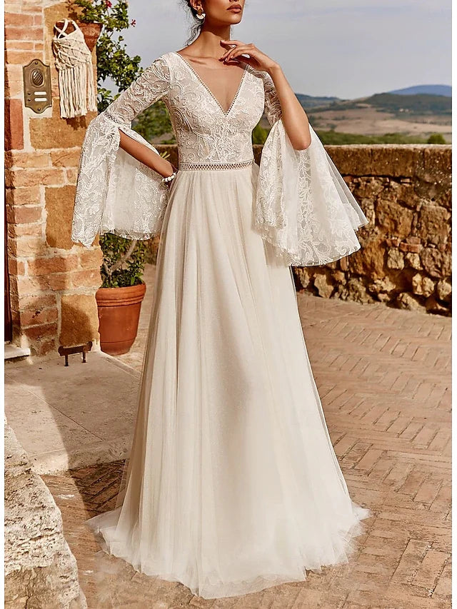 Wedding Dresses A-Line V Neck Long Sleeve Sweep / Brush Train Bridal Gowns With Draping