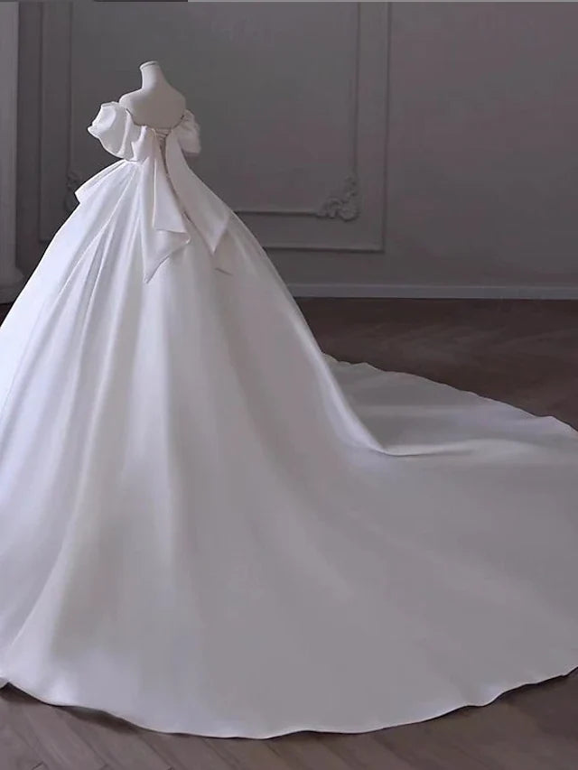 Wedding Dresses Ball Gown Off Shoulder Cap Sleeve Chapel Train Bridal Gowns With Pleats