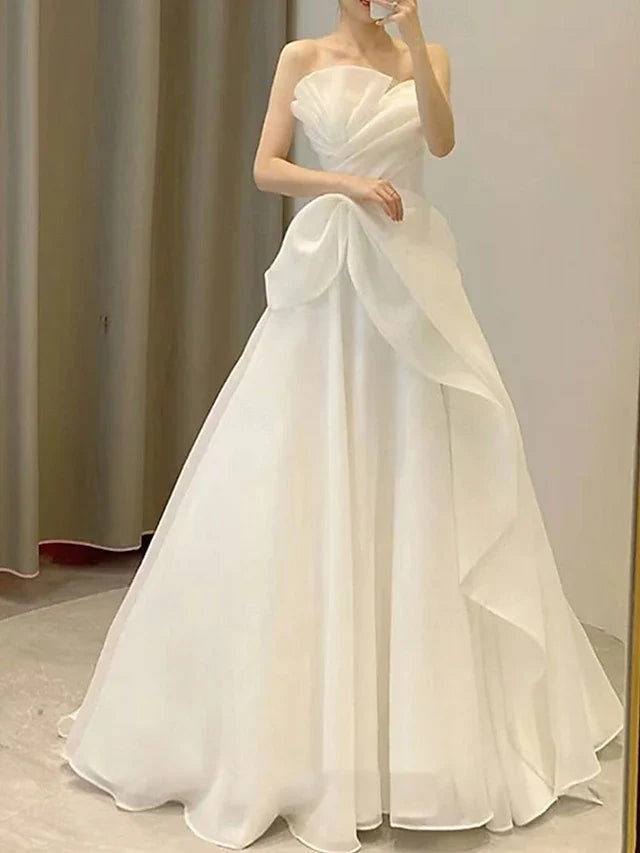 Wedding Dresses Ball Gown Off Shoulder Sleeveless Floor Length Bridal Gowns With Pleats Solid Color