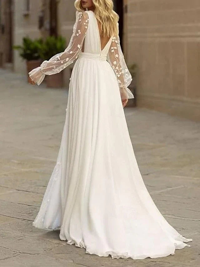 Wedding Dresses Beach Wedding A-Line V Neck Long Sleeve Court Train Bridal Suits Bridal Gowns With Ruched Draping